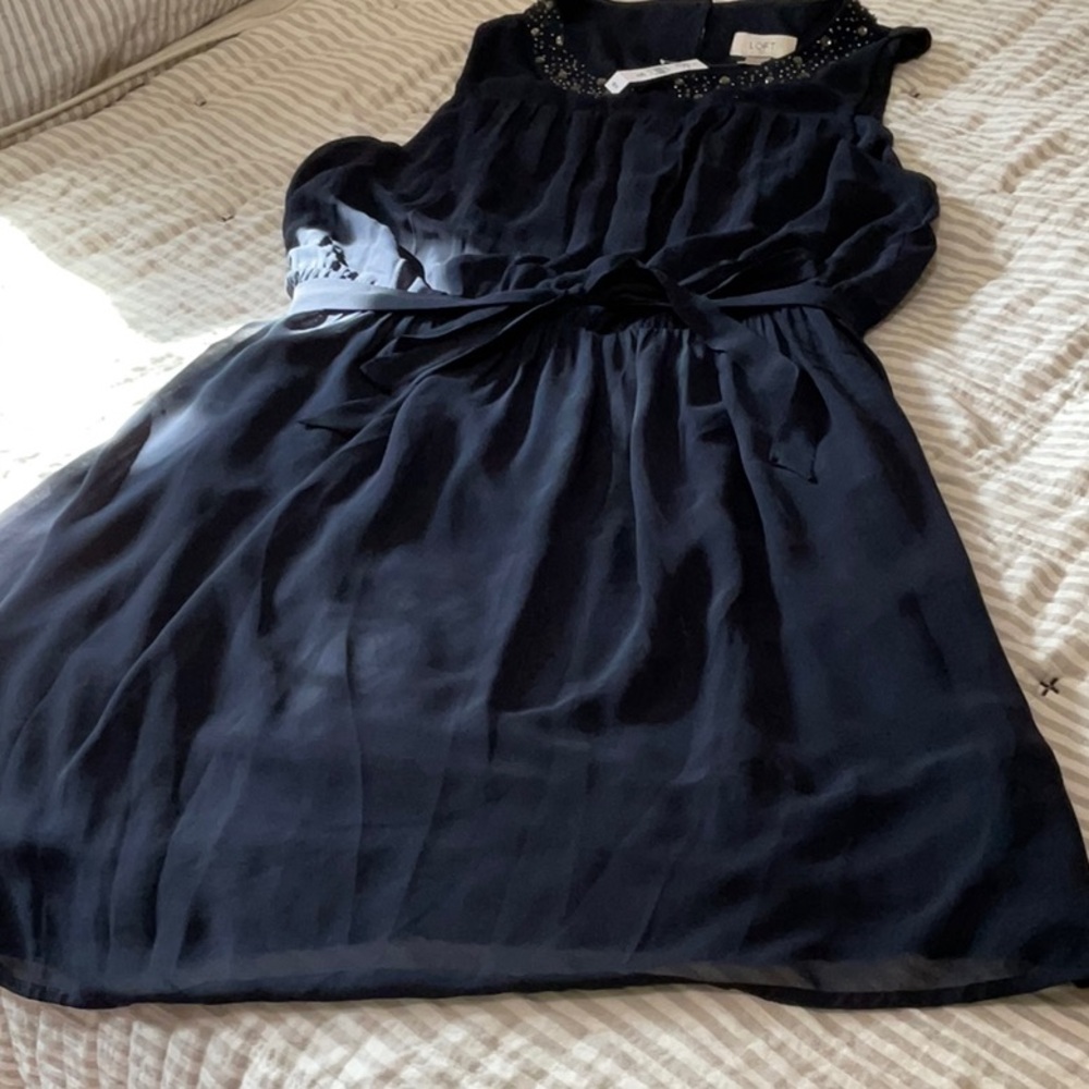 LOFT Navy Sleeveless Jeweled Collar Dress 16